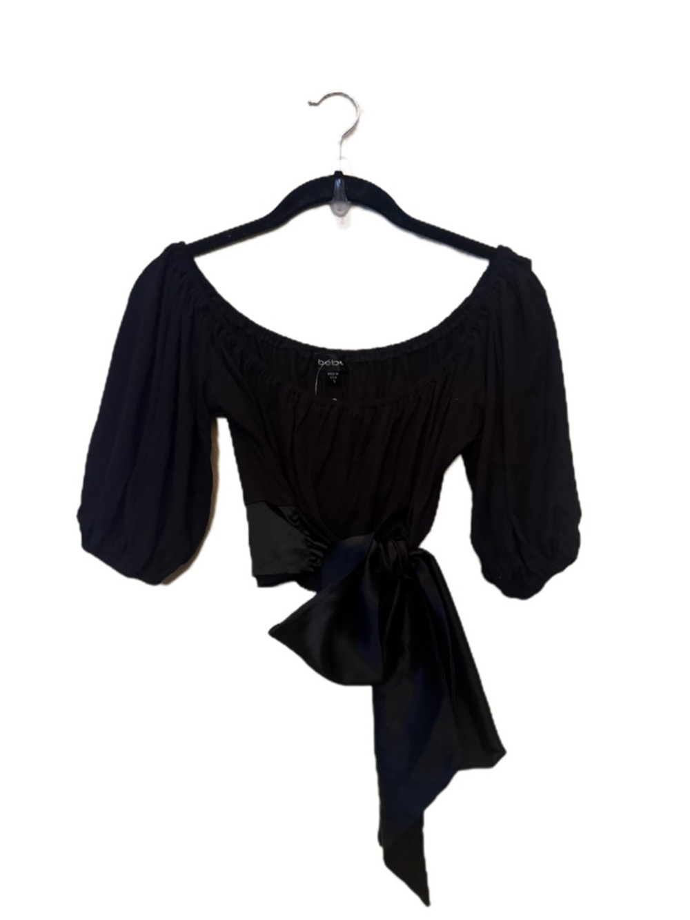 Y2K Bebe Black Off-Shoulder Puff Sleeve Tie-Waist Cropped Top